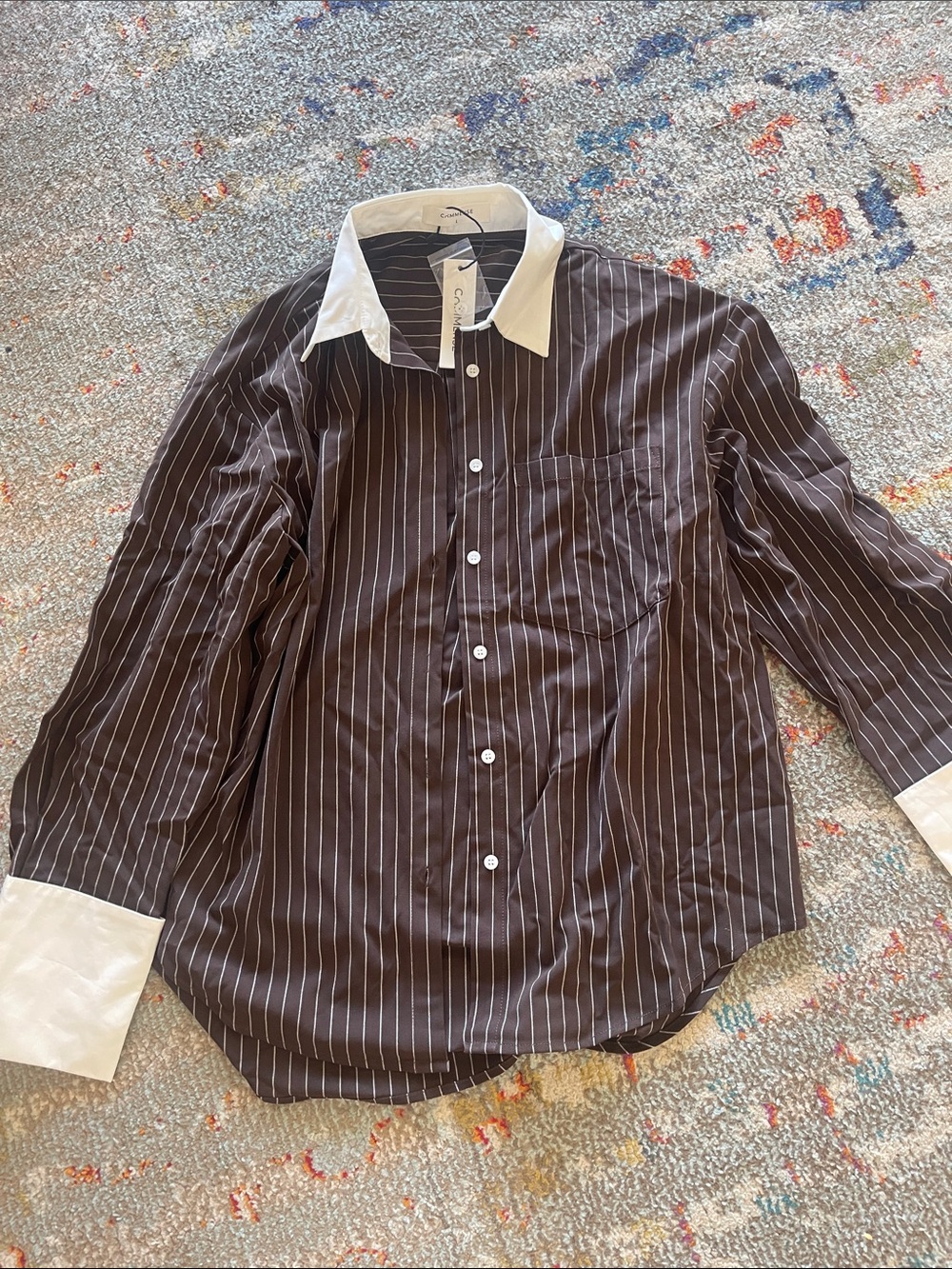 Commense Brown Pinstripe Button-Down Shirt with White Collar